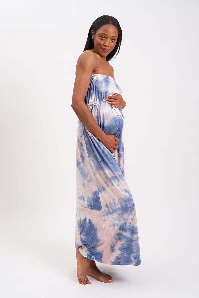 Tie-dye maxi maternity dress with empire waist and no sleeves.