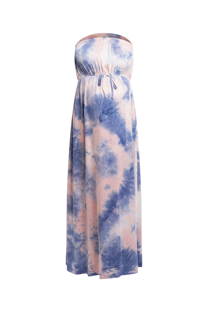 Tie-dye maxi maternity dress with empire waist and no sleeves.