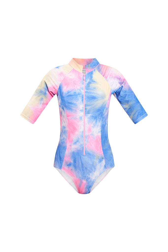 Tie-dye women’s rashguard swimming suit with zipper down front.