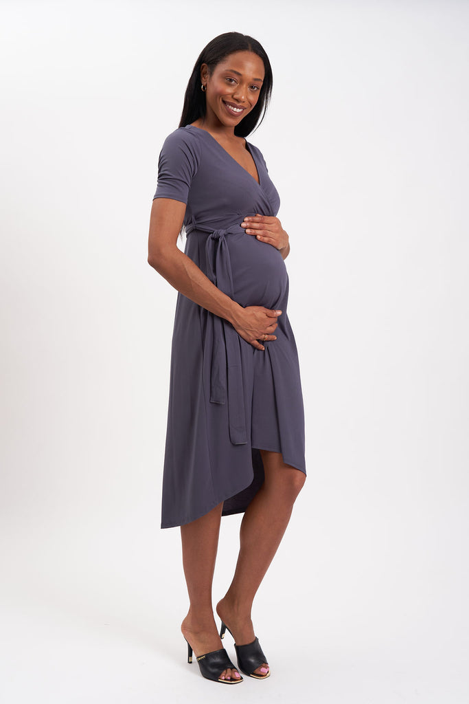 High-low midi maternity dress with tied waist.