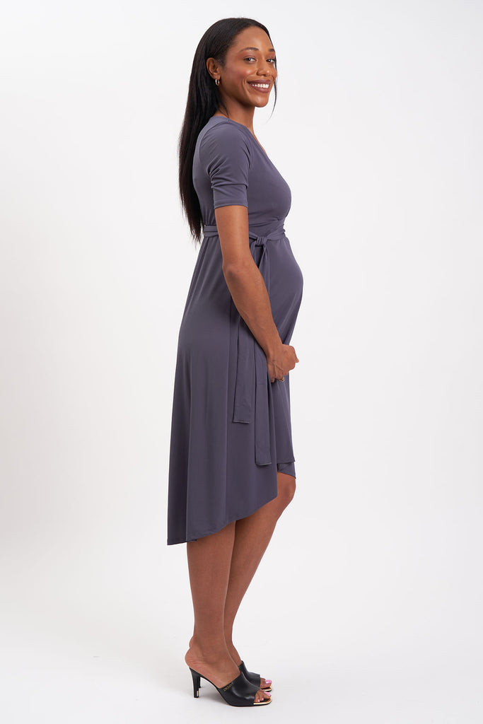 High-low midi maternity dress with tied waist.