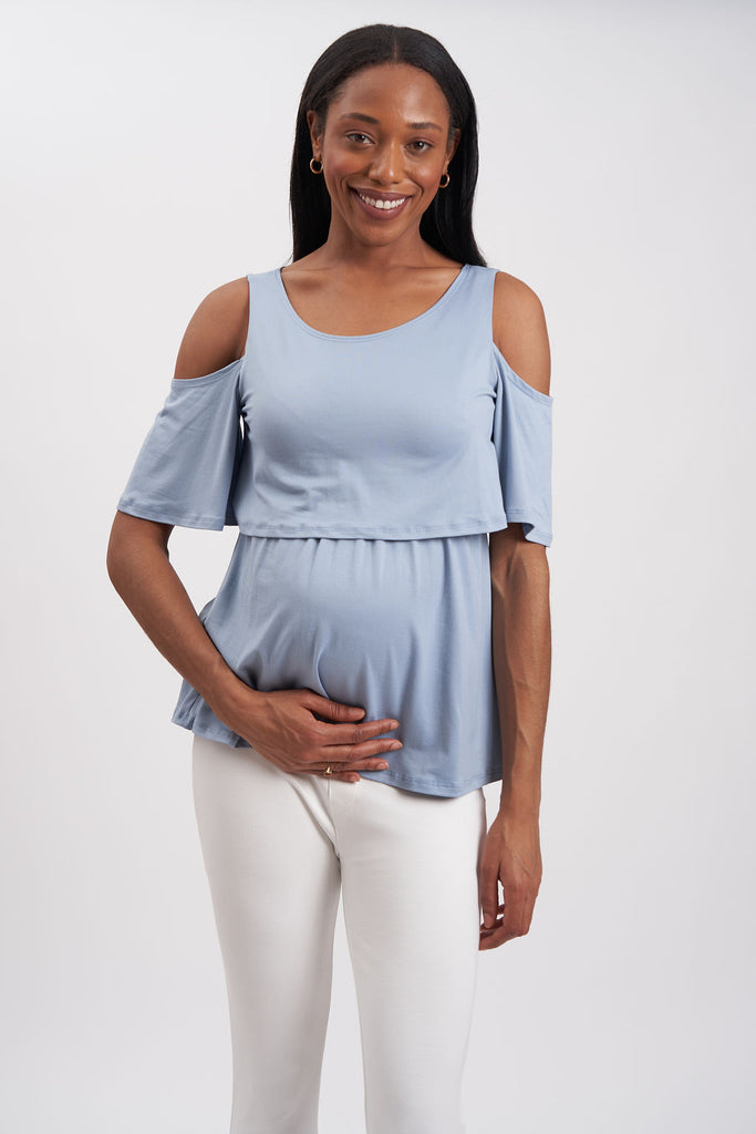 Wide-strapped maternity blouse with cold-shoulder cut outs.