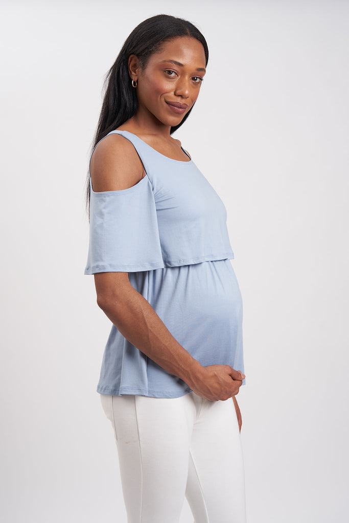 Wide-strapped maternity blouse with cold-shoulder cut outs.