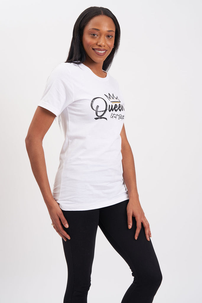 Graphic unisex short-sleeved t-shirt with text “Queen, established at birth.”