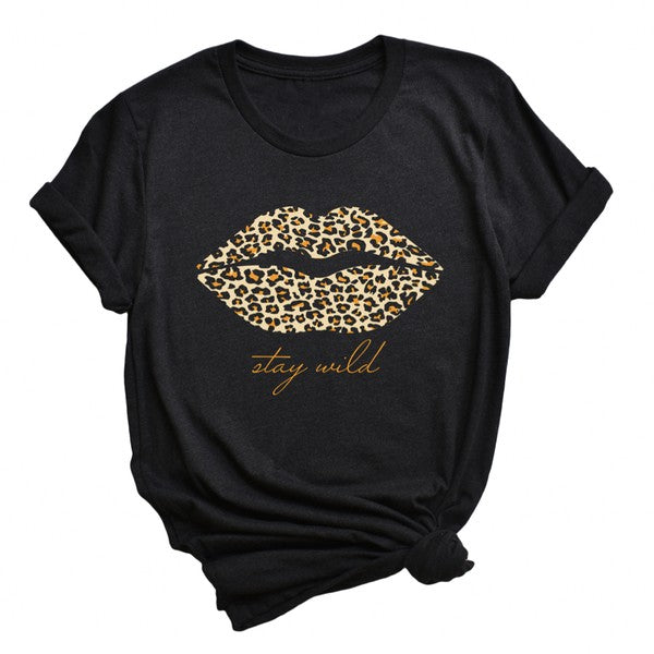Graphic unisex long-sleeve t-shirt with large animal print lips and  text “Stay Wild”