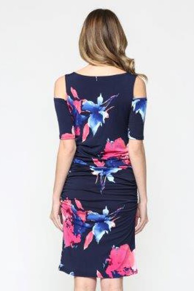 Cold-shoulder cut out floral midi maternity dress with side ruching.