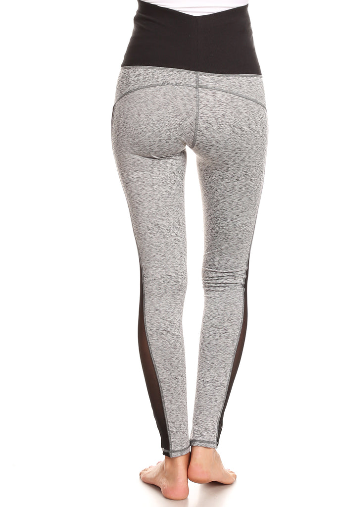 Maternity leggings with mesh panel and over-the-belly waistband.