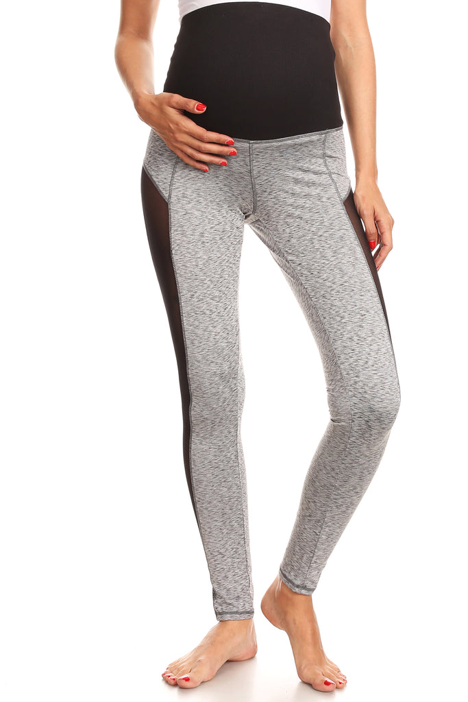 Maternity leggings with mesh panel and over-the-belly waistband.