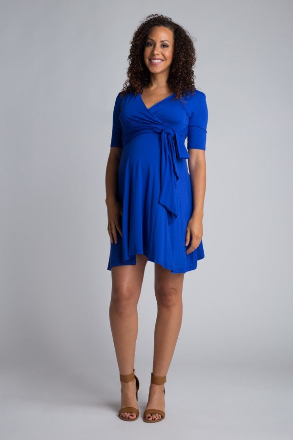 Royal blue, tie-waist mini maternity dress with deep v-neck.