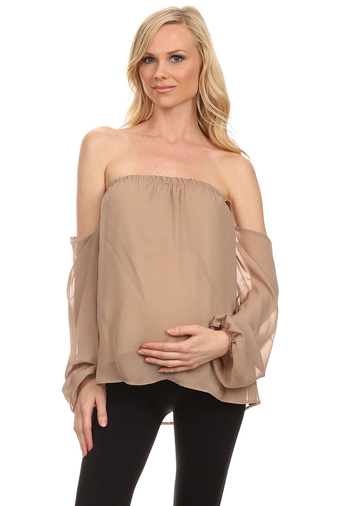 Off-the-shoulder chiffon women’s maternity blouse.